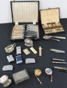 Mixed collection of lighters, knives, nibs. pencils, cigarette holder, pill box 2 sets of knives and