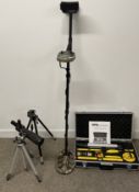 Teknetics metal detector, cased TorQ Laser Level kit in a case, 2 tripods & a telescope