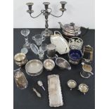 Mixed selection of silver plate and glass items, including various dishes jugs, salts, teapot,