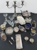 Mixed selection of silver plate and glass items, including various dishes jugs, salts, teapot,