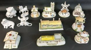 4 Royal Osborne animal figurines & 9 Coalport cottages to include The Summer House, The Windmill,