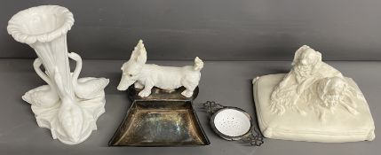 Victorian Copeland swan vase, unusual dog coin tray, Spode Copeland's China tea strainer &  parian