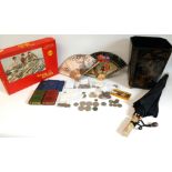 Various coins - mainly GB, Tri-ang railways train set RS4, 2 hand held fans, japanned bin and