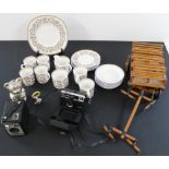 Part Susie Cooper coffee set, wooden model cart, Teddy Bear money box, white metal teething ring,