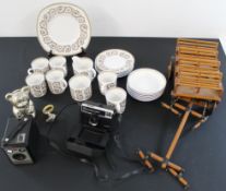 Part Susie Cooper coffee set, wooden model cart, Teddy Bear money box, white metal teething ring,