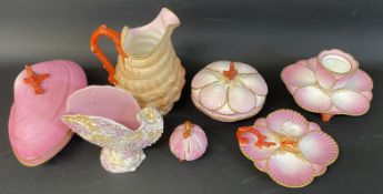 Six pieces of seashell form Copeland ceramics from the mid Victorian period along with another shell