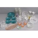 Collection glassware includes coloured fruit set, jelly mould, candlesticks, vases etc