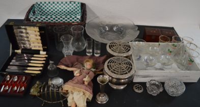 4 Babycham glasses, mixed glass, silver plate, a door knocker, baskets, a doll etc