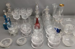 Selection of glassware including grapefruit / dessert dishes, decanters, wine glasses etc.