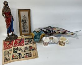22 inch long Murano glass fish, cased glass bowl, Leonardo Maasai figurine, Coronation ware,