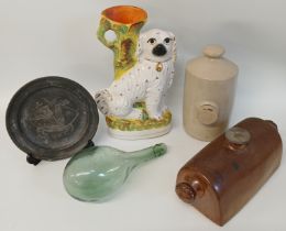 Staffordshire Spaniel spill vase, hand blown balloon wine bottle, 2 stoneware hot water bottles &