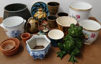 Selection of planters including Alvingham Pottery, Torquay ware chamberstick, garden frog etc.