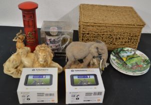 Ceramic figures including Leonardo Collection and Shudehill, Wedgwood collectors plates, 2 sat navs,