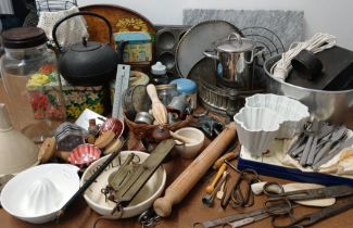 Selection of kitchenalia including spring balances, small brass weights, asparagus pan, jelly