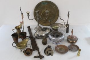 Selection of white metal and brass plates, cups etc, plus one horse brass and and antique adjustable