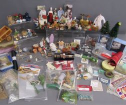 Collection of dolls house dolls and dressing pieces includes food - flowers- books - rugs -