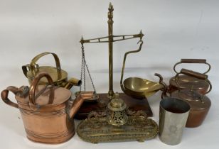 Two copper kettles, copper & brass hot water cans, brass ink stand, tankard & a set of Avery brass