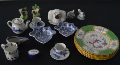 Selection of ceramics including a pill box, Minton Cockatoo pattern plates, animal figures,