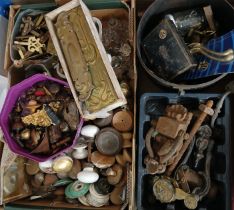 Large quantity of Victorian and later door knobs, door knockers, dining table forks, hooks, brass