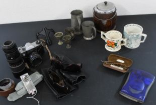 Praktika camera with lens, hood and flash gun, 3 x pewter tankards and 2 ceramic tankards,