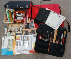 Quantity of artist's materials including paint brushes, miniature easel, acrylic paints etc.