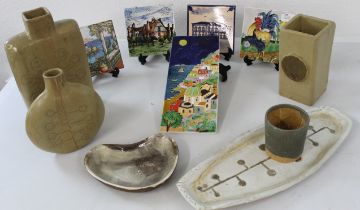 Items of Studio Pottery marked CF and modern tiles
