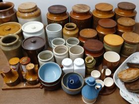 Selection of kitchen canisters including Hornsea Bronte, salt glazed pots, Denby, marmalade pots,