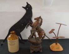 Stoneware jar, large figure of a man and horse, Dansko shoe display and a cat bird scarer
