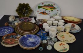 Selection of decorative plates, cups and mugs, paperweights, stone eggs etc. (includes Elvis musical