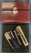 Pens including 3 fountain pens with 14ct gold nibs & a stationery wallet
