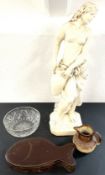 Plaster statue of a classical lady, glass bowl, stoneware salt glaze jug & a fish lidded box
