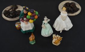 2 Royal Doulton figures, Old Balloon Seller and Heather, Coalport Pamela, 2 plaques and animal