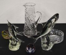 Murano glass dolphins, shark and ashtray, as well as a Waterford cut crystal ashtray, a Caithness