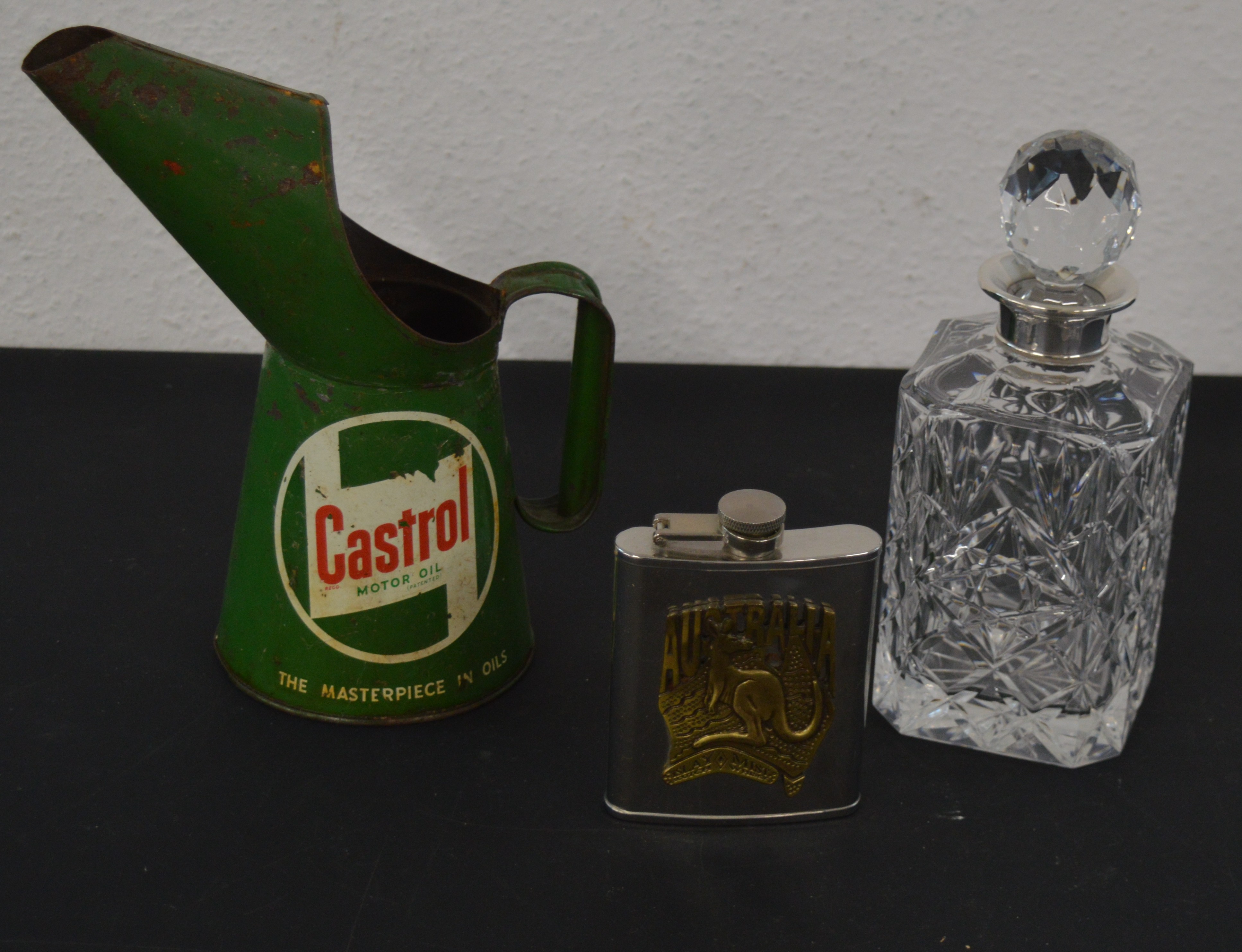 Castrol oil can, glass decanter with silver collar and an Australian hip flask