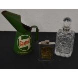 Castrol oil can, glass decanter with silver collar and an Australian hip flask