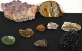 Crystals and fossils including large amethyst geode, agate and a small jadeite bowl etc