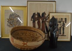 Large wooden African style carved bowl, a large African head figure, and 3 Egyptian style pictures