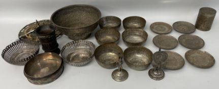 Anglo Indian white metal large bowl, 6 smaller bowls with dishes & two name card holders  along with