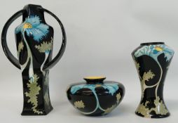 Black Ryden waisted vase (17cm high), low vase (10cm high) and twin handled vase (27.5cm high),