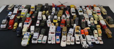 Large selection of diecast toys, majority being ambulances and military vehicles, as well as diecast