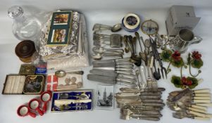 Large quantity of silver plate cutlery and a small silver mustard spoon, ships decanter, coasters,