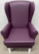 Bespoke Harrogate high back armchair with removable seat & microbial plumb colour vinyl cover, as