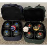 Two sets of Thomas Taylor size 4  bowls in carry bags with three special edition baseballs and two