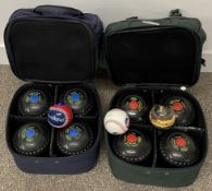 Two sets of Thomas Taylor size 4  bowls in carry bags with three special edition baseballs and two