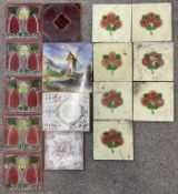 Collection of ceramic tiles including Victorian & a hand painted tile of Elton windmill