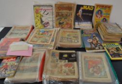 Large collection of vintage comics and magazines including Dandy, Adventure, The Wide World,