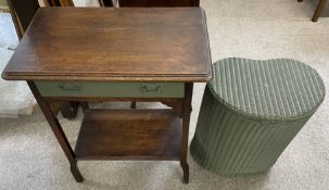 Victorian small oak side table 61cm by 38cm Ht 73cm & a Lloyd Loom linen basket