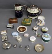 Selection of commemorative lidded pin dishes and boxes plus Albany & Harvey Silvoe Art teapot and