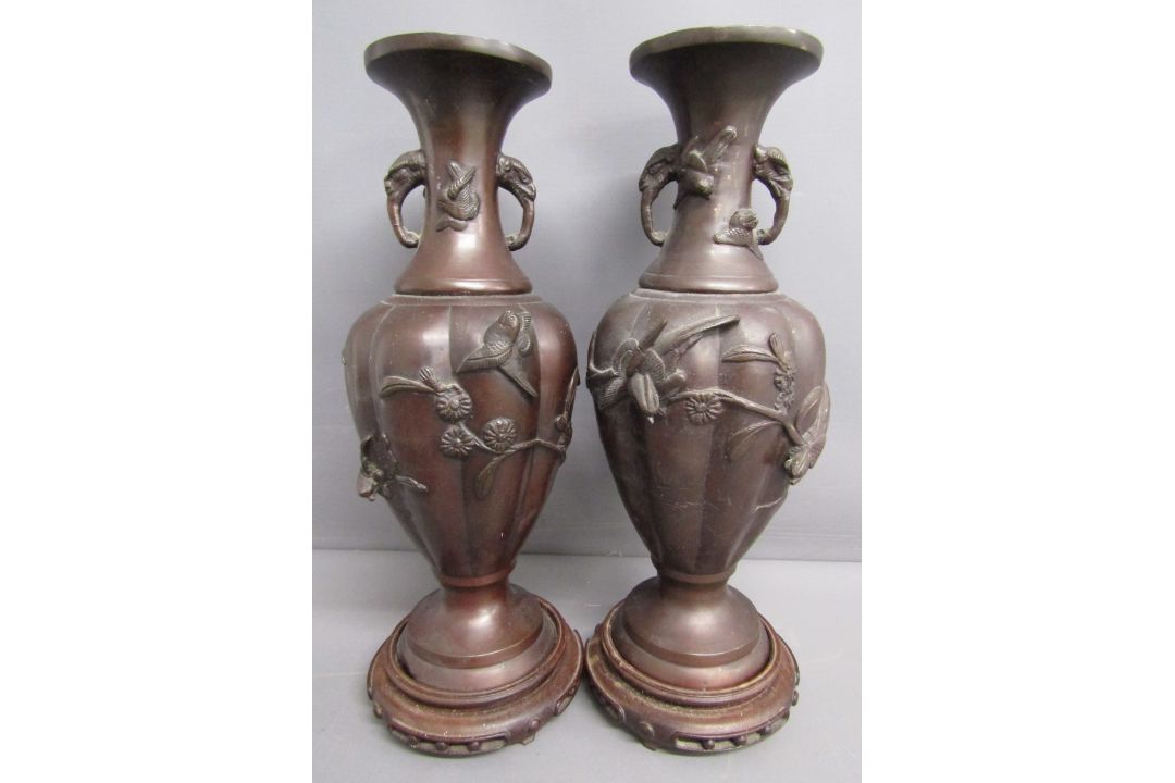 Pair Japanese Meiji period bronze vases decorated with relief decoration of birds and flowers - - Image 1 of 12