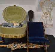 Foot stool containing large amounts of scarves, fabrics and hats, umbrella, gout stool, metal female